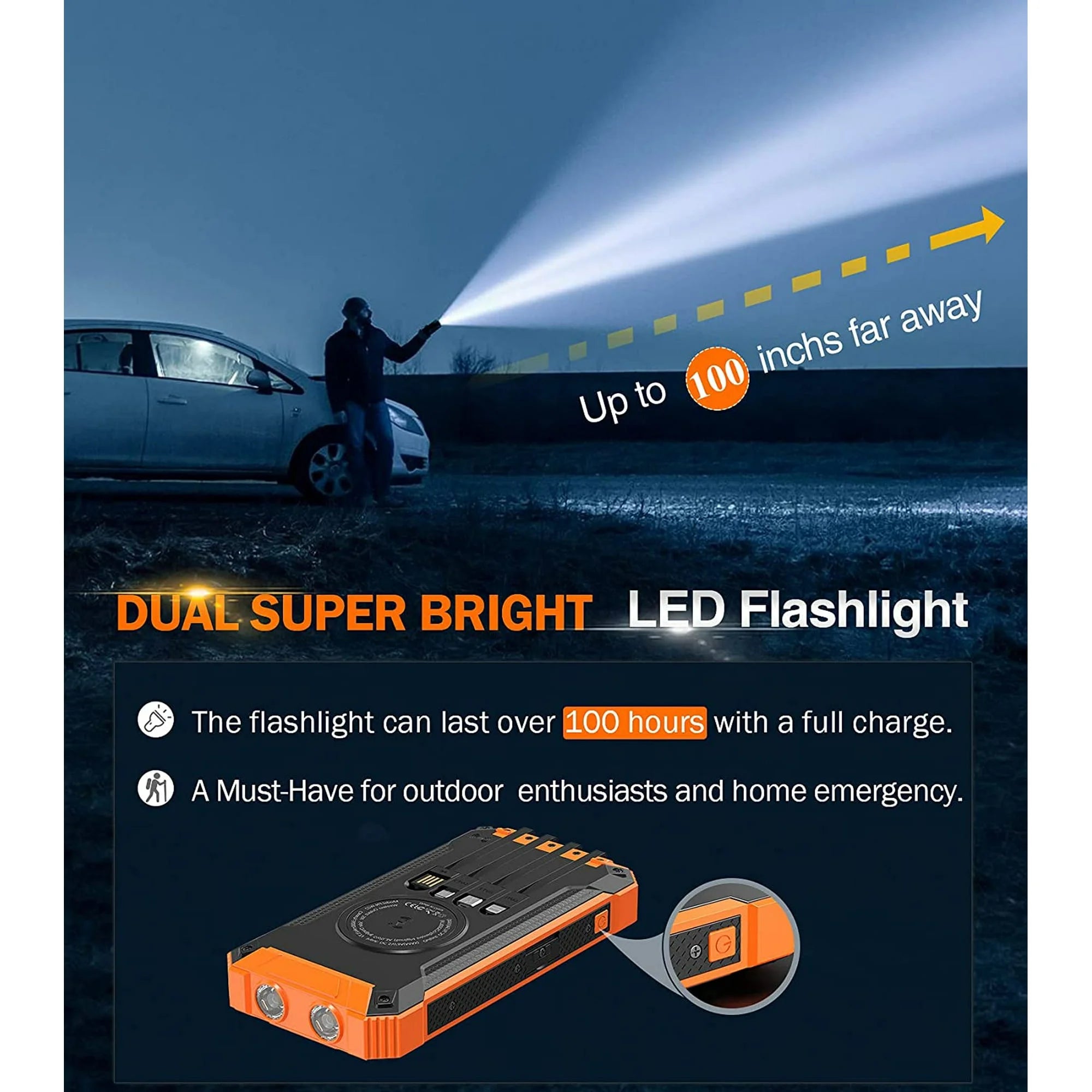 36000mAh Solar Power Bank with 4 Built-in Cables and 15W Fast Charging - Portable Wireless Charger with Dual Flashlights and Carabiner for Outdoor Use
