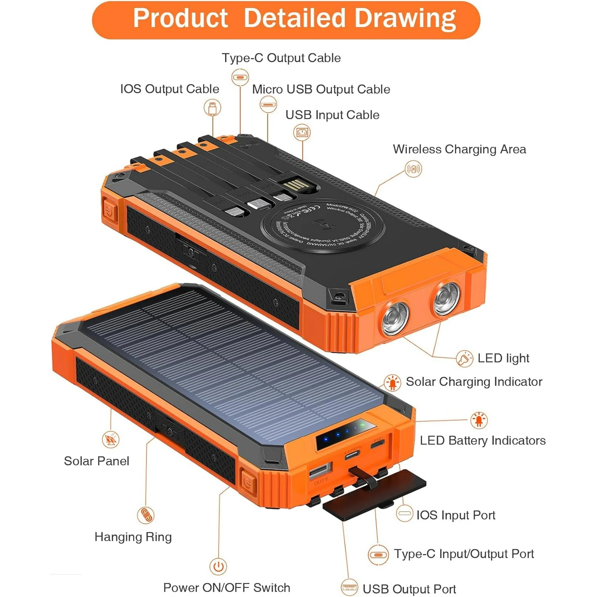 36000mAh Solar Power Bank with 4 Built-in Cables and 15W Fast Charging - Portable Wireless Charger with Dual Flashlights and Carabiner for Outdoor Use