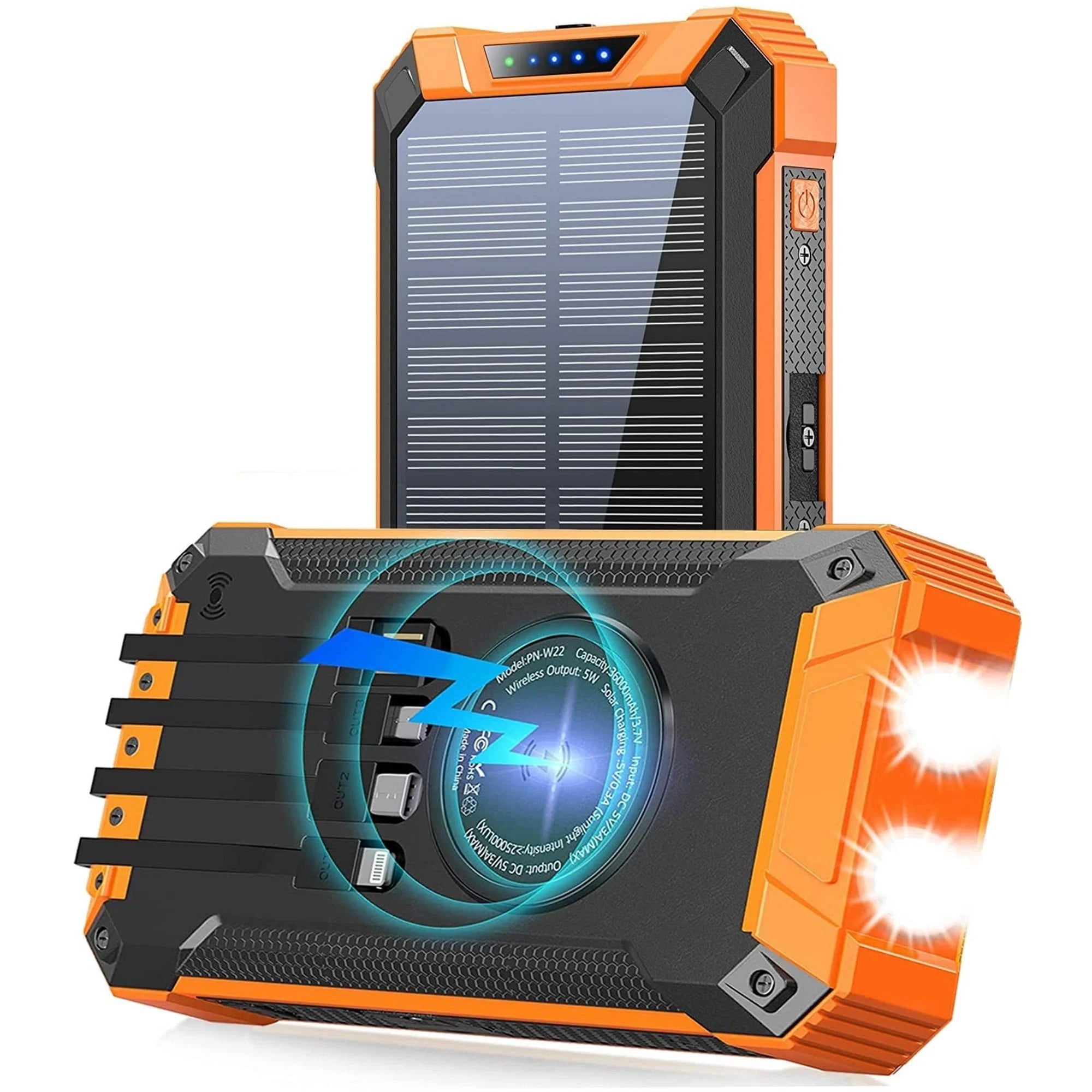 36000mAh Solar Power Bank with 4 Built-in Cables and 15W Fast Charging - Portable Wireless Charger with Dual Flashlights and Carabiner for Outdoor Use