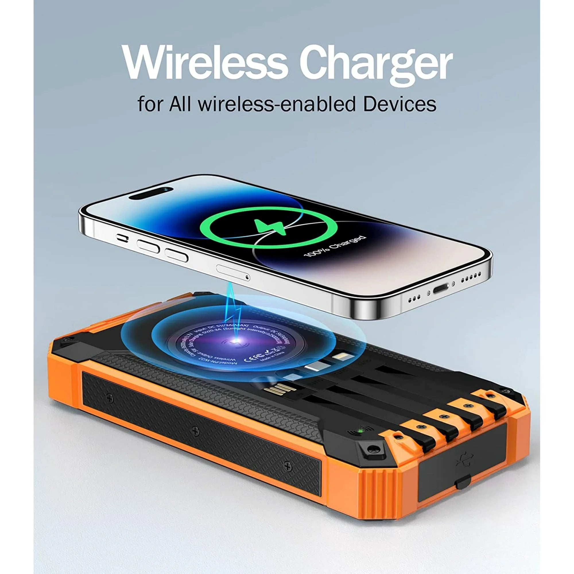 36000mAh Solar Power Bank with 4 Built-in Cables and 15W Fast Charging - Portable Wireless Charger with Dual Flashlights and Carabiner for Outdoor Use