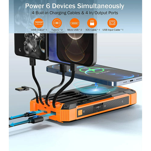 36000mAh Solar Power Bank with 4 Built-in Cables and 15W Fast Charging - Portable Wireless Charger with Dual Flashlights and Carabiner for Outdoor Use