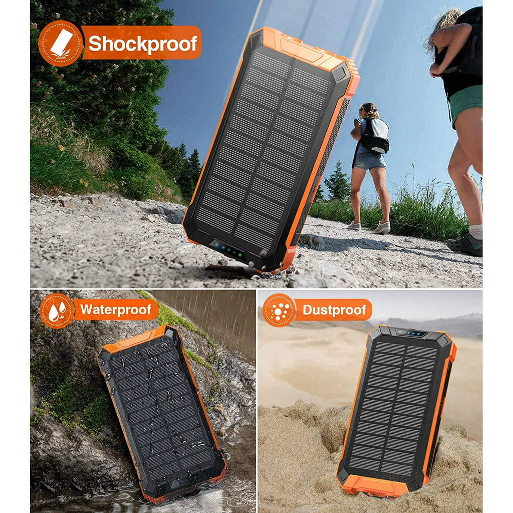 36000mAh Solar Power Bank with 4 Built-in Cables and 15W Fast Charging - Portable Wireless Charger with Dual Flashlights and Carabiner for Outdoor Use