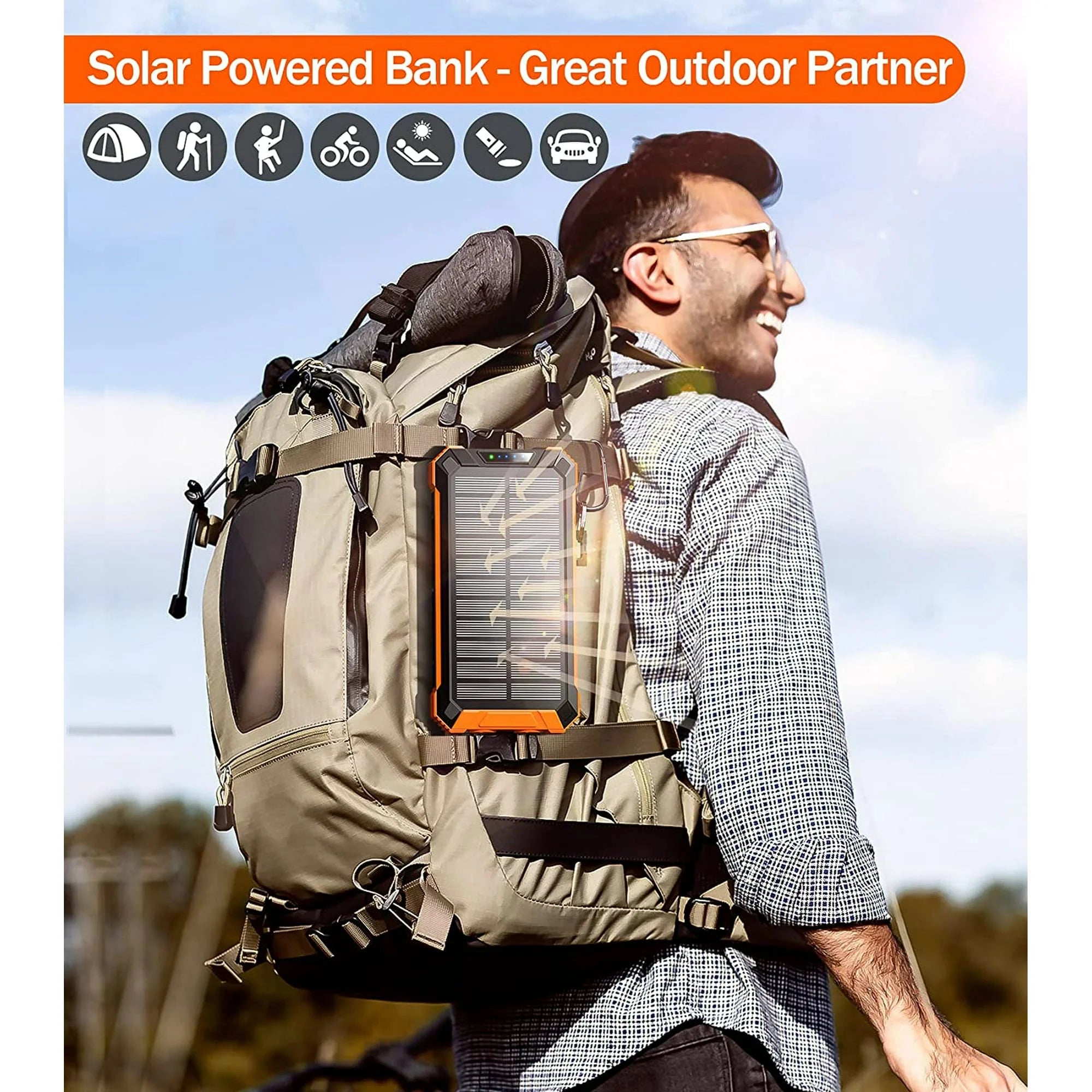 36000mAh Solar Power Bank with 4 Built-in Cables and 15W Fast Charging - Portable Wireless Charger with Dual Flashlights and Carabiner for Outdoor Use